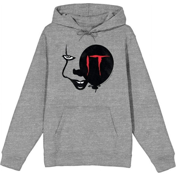 It Chapter 2 Enlarged Pennywise Face Adult Heather Gray Long Sleeve Hoodie-Medium