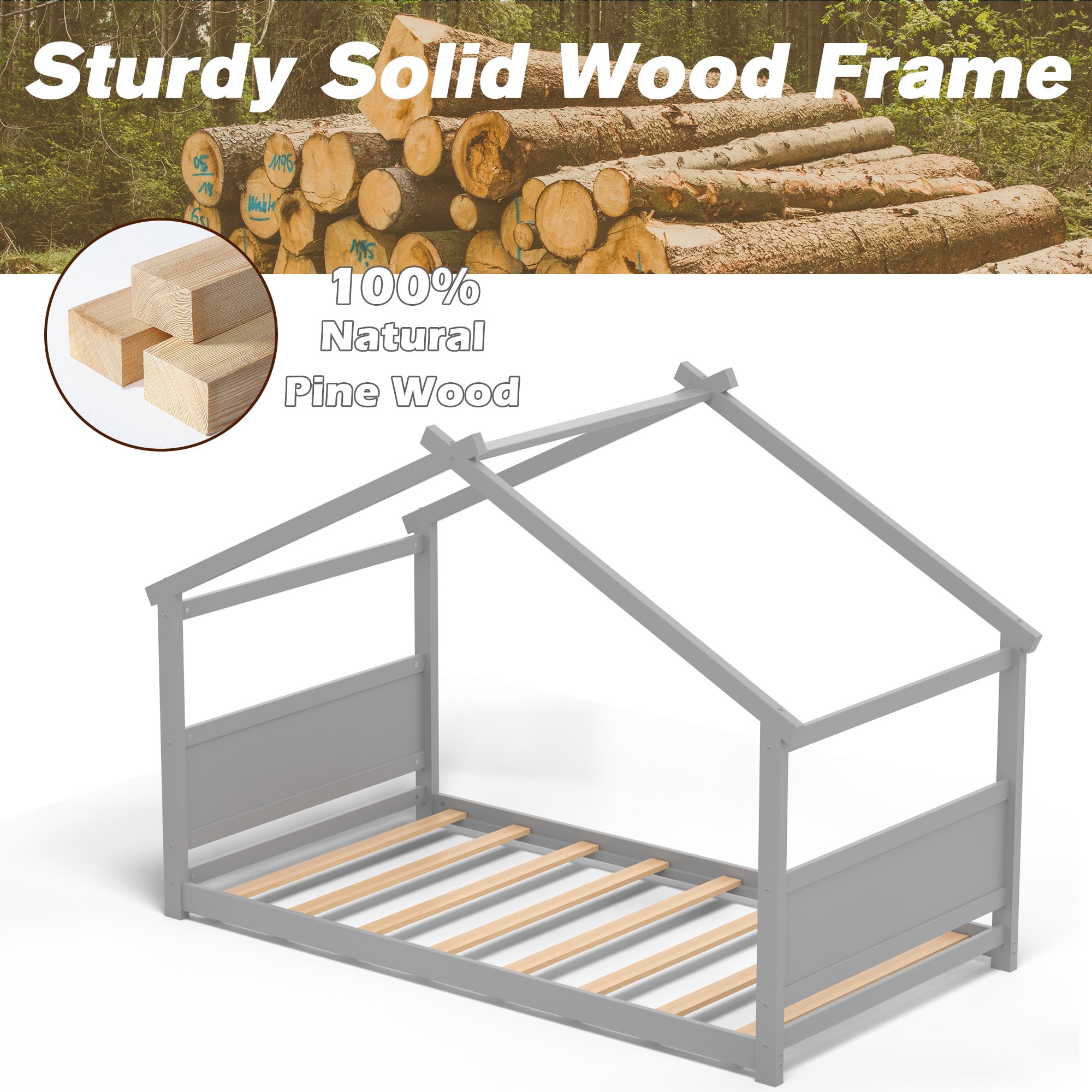 Joywind Twin Solid Wood House Floor Bed Frame with Safety Guardrails, Kids Bed for Boys Girls