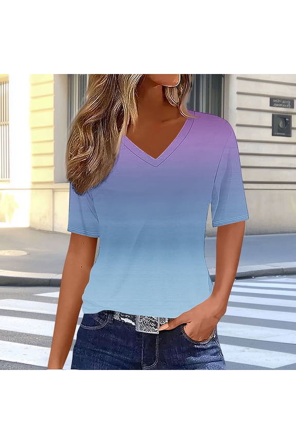 Tops Women Gradient Blue Cooling T-Shirt Elbow-Length V-Neck Women Tops Casual