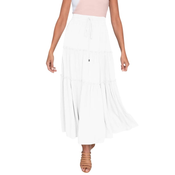 Falda larga boho elástica de cintura alta para mujer: con volantes, corte en A, cordón, poliéster, para todas las estaciones, tallas S-XL.
