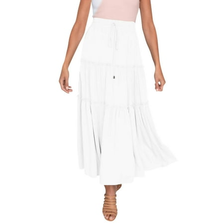 Fsqjgq Skirts for Women Casual Slip Skirt WomenS Elastic High Waist Boho Maxi Skirt Ruffle A-line Swing Long Skirts White Xl