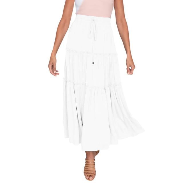 Falda larga boho elástica de cintura alta para mujer: con volantes, corte en A, cordón, poliéster, para todas las estaciones, tallas S-XL.