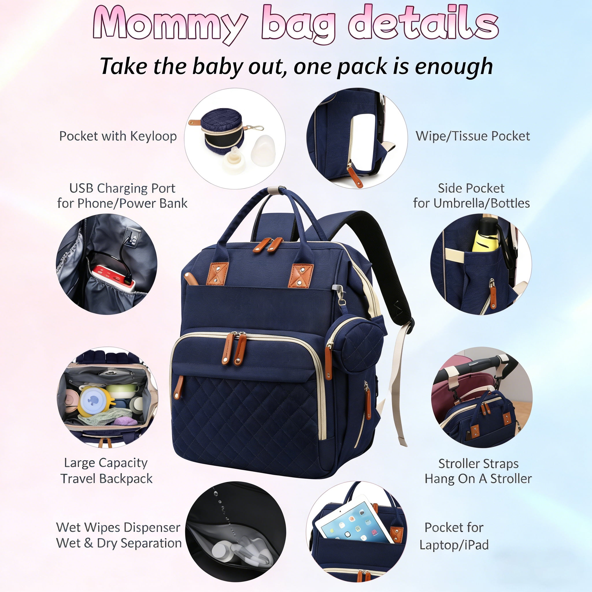 WANDF Diaper Bag Backpack with Changing Station, Large Travel Mommy Bag, Waterproof Diaper Backpack for Moms Dads with USB Charging Port,Mommy Essentials Shower Gifts Gifts(Blue Bag)