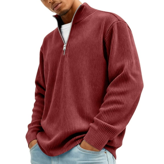 Mens Shirts Quarter Zip Long Sleeve Waffle Shirts Ribbed Band-Collar Big and Tall Collared Pullover Fall Winter 2025 Casual Glof Work Sweatshirts,Red 5XL