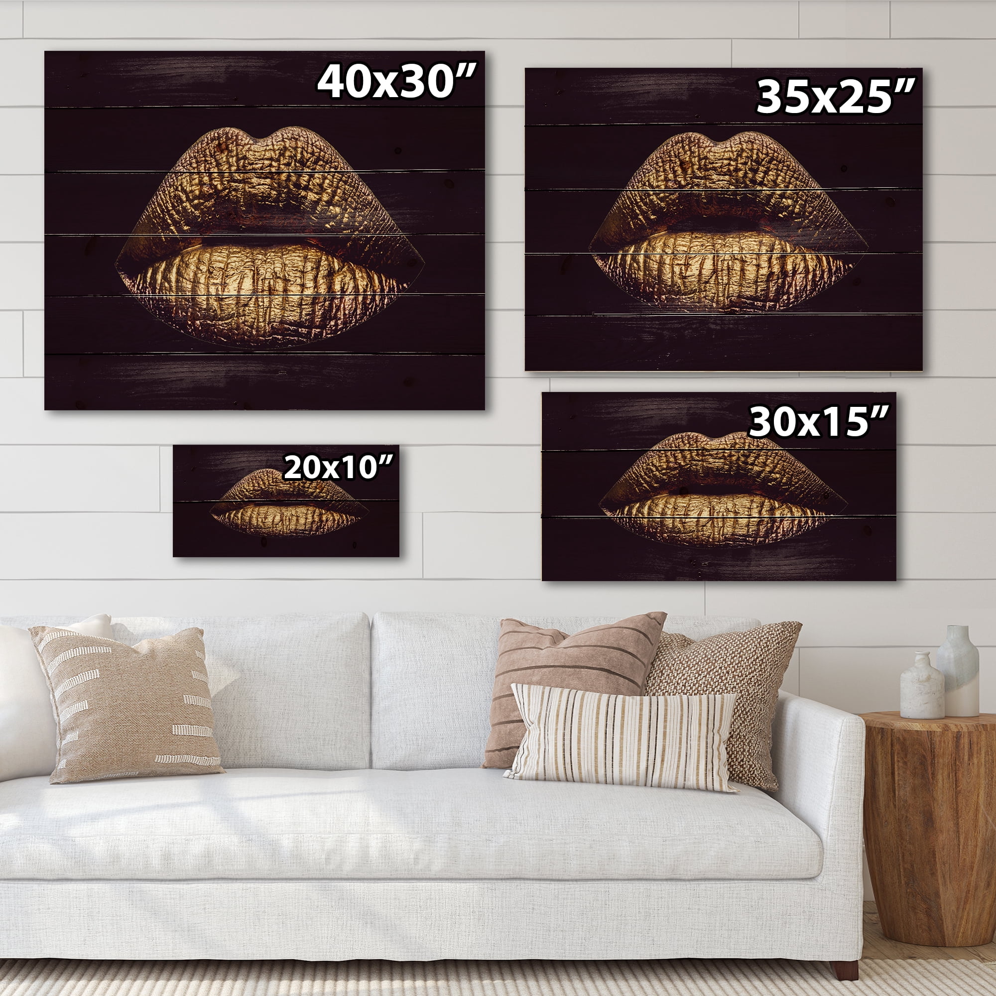 Designart 'Sexy Golden Metallized Woman Lips II' Modern Print on Natural Pine Wood