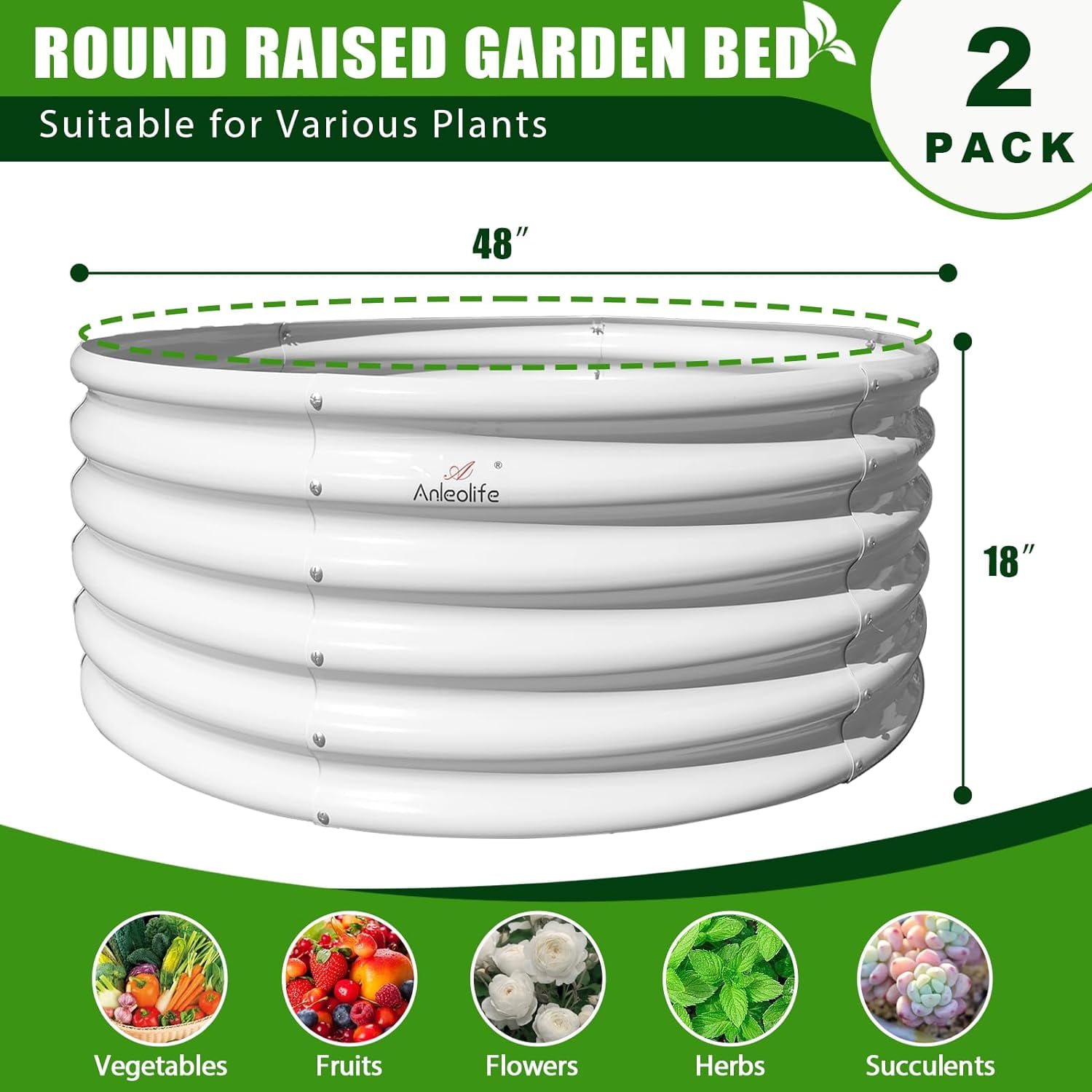 ANLEOLIFE 2-Pack 4ft x 18” Tall Galvanized Raised Garden Beds Outdoor, Round Metal Planter Box for Planting Vegetables Flowers Herb, Anti-Rust, Antique White