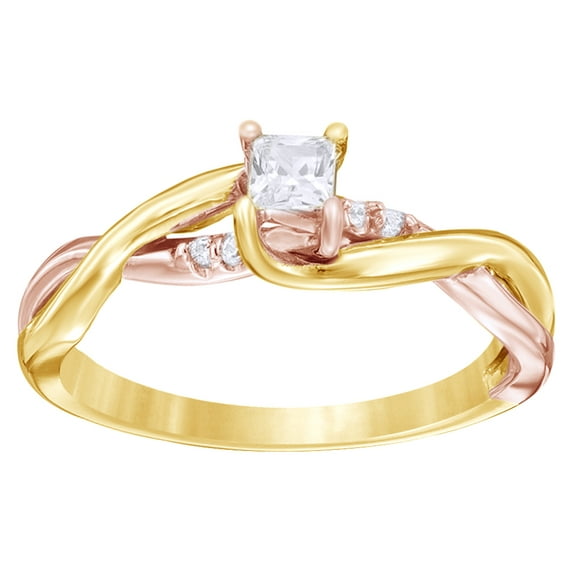 AFFY Princess Cut White Natural Diamond Twist Shank Promise Ring in 10k Two-Tone Solid Gold