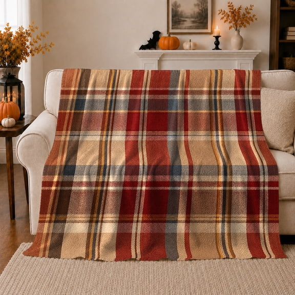 Autumn Plaid Living Room, Festive autumn celebration Scene, Warm Flannel Blanket for Living Room and Reading Nook with Detailed Artwork, Art Lovers autumn celebration Gift, Festive Home Decor