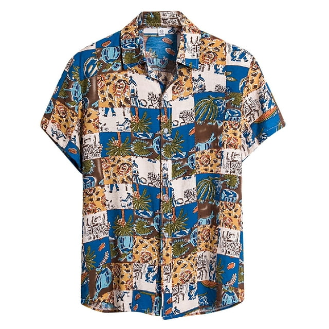 Leutsin Men Short-Sleeved Printed Color Buttons Cardigan Casual Shirt Tops