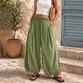 thumbnail image 2 of Wide Leg Pants for Women BWASD Casual Cotton Linen Elastic Waist Baggy Bloomers Pants Large Size Pocket Palazzo Trousers Fashion Beach Vacation 2038 Trendy (Green,M), 2 of 7