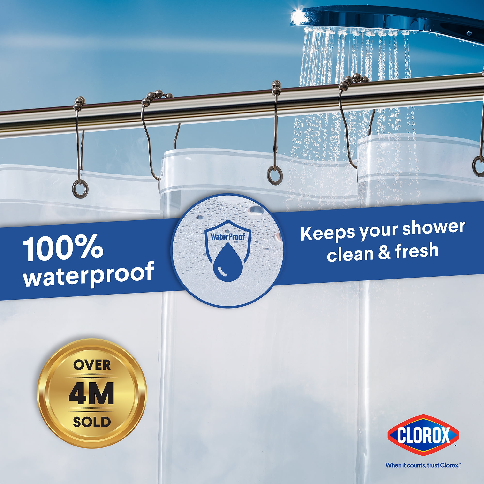 Clorox Shower Curtain Liner Heavyweight Waterproof PEVA with Metal Grommets 72" x 72" Clear
