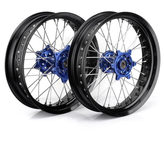 17"x 3.5" 17"x 5" Supermoto Front Rear Wheels Set For Stark Varg Alpha 80HP / (Standard) 60HP Black Rims & Blue Hubs & Silver Spokes & Nipples
