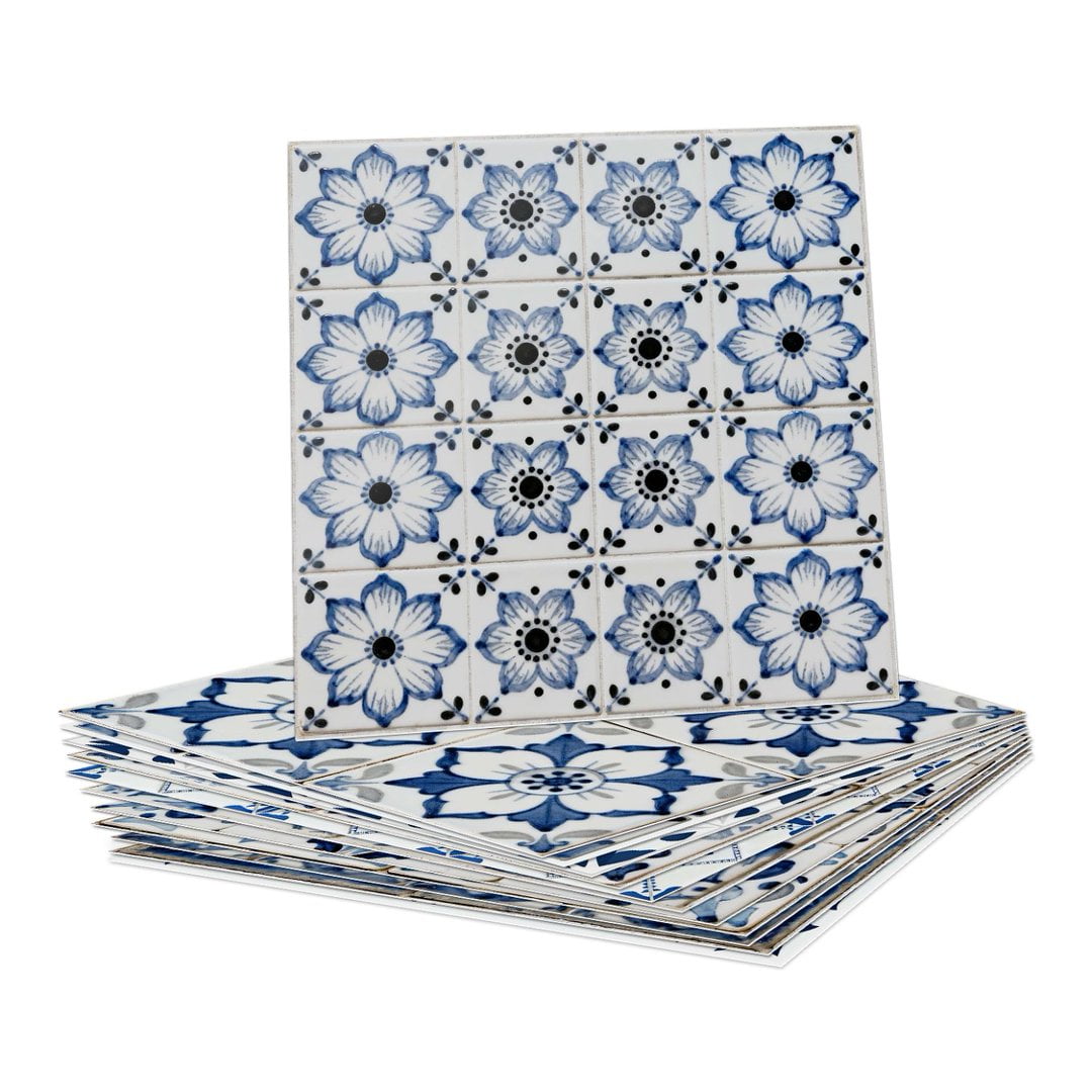 24Piece Self Adhesive Tile Sticker Peel and Stick Backsplash 7.87" x 7.87" DIY Decor Blue Gray Flowers Wall Stickers Waterproof Vinyl Decals