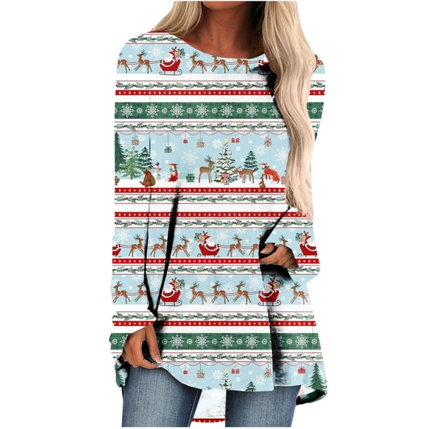 Camiseta de manga larga con cuello redondo y estampado navideño para mujer Pompotops qwe24266