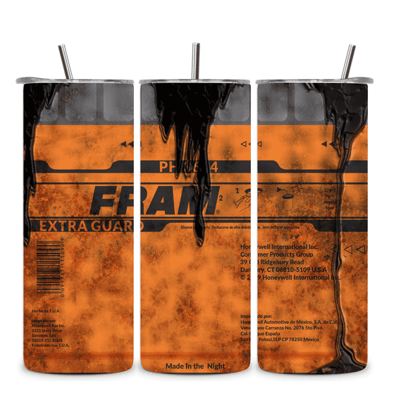 Alpha Printing 20oz Stainless Steel Tumbler with Straw – Fram Oil Filter Design, Double Wall Insulated Travel Cup for Hot & Cold Beverages