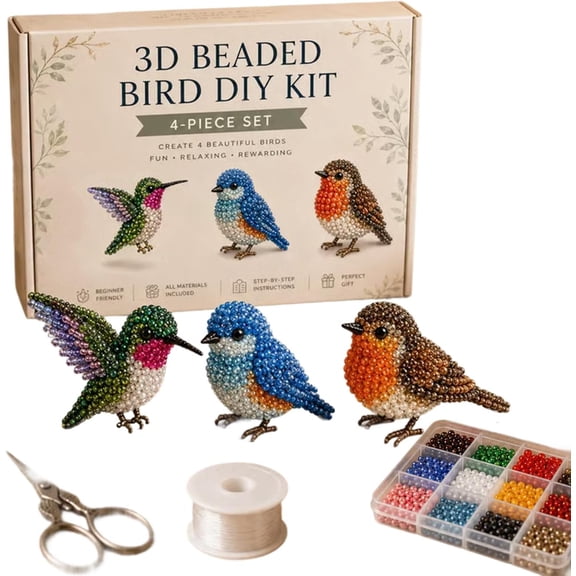 3D Beaded Bird DIY Kit, 4-Piece Set Animal Seed Bead Craft Art Kit for Adults and Beginners, Perfect Creative Gift