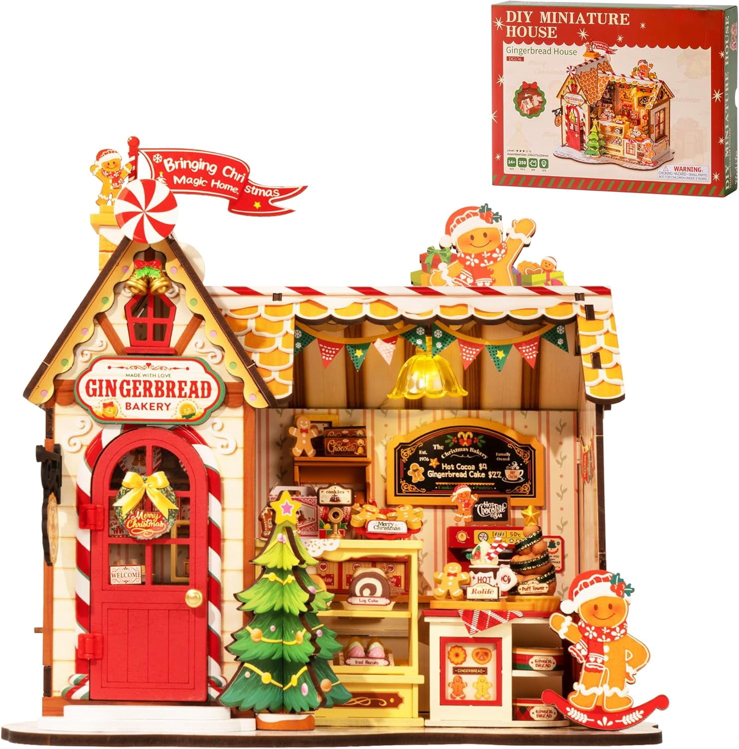 ROBOTIME Christmas Gingerbread House DIY Miniature House Kit,Mini Wooden Dollhouse Building Sets for Desk Decor,Tiny Home Craft Kits Gifts for Adults Teens