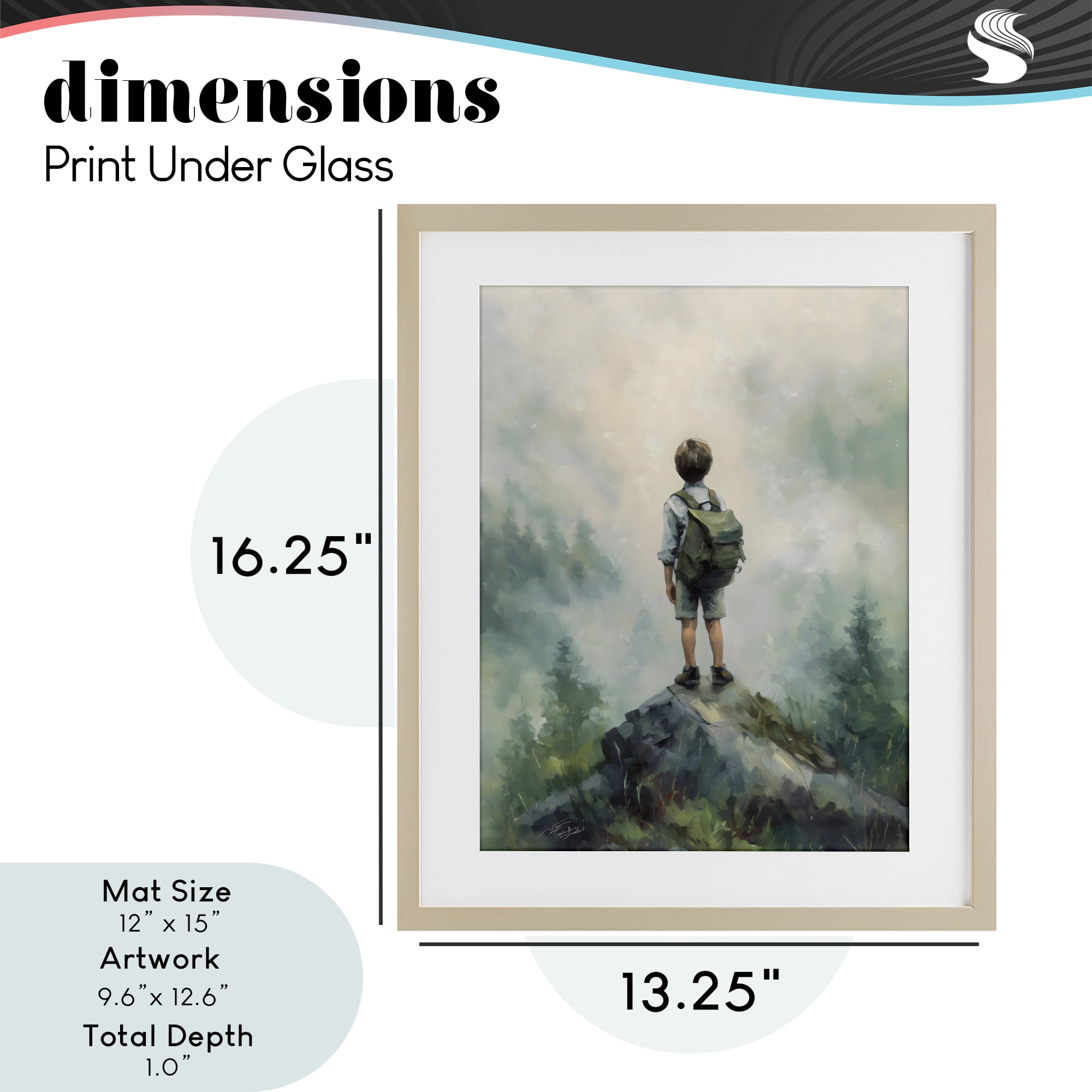 Boy Adventurer Atop Mountain Birch Framed Print Under Glass, design by Arlington Prints