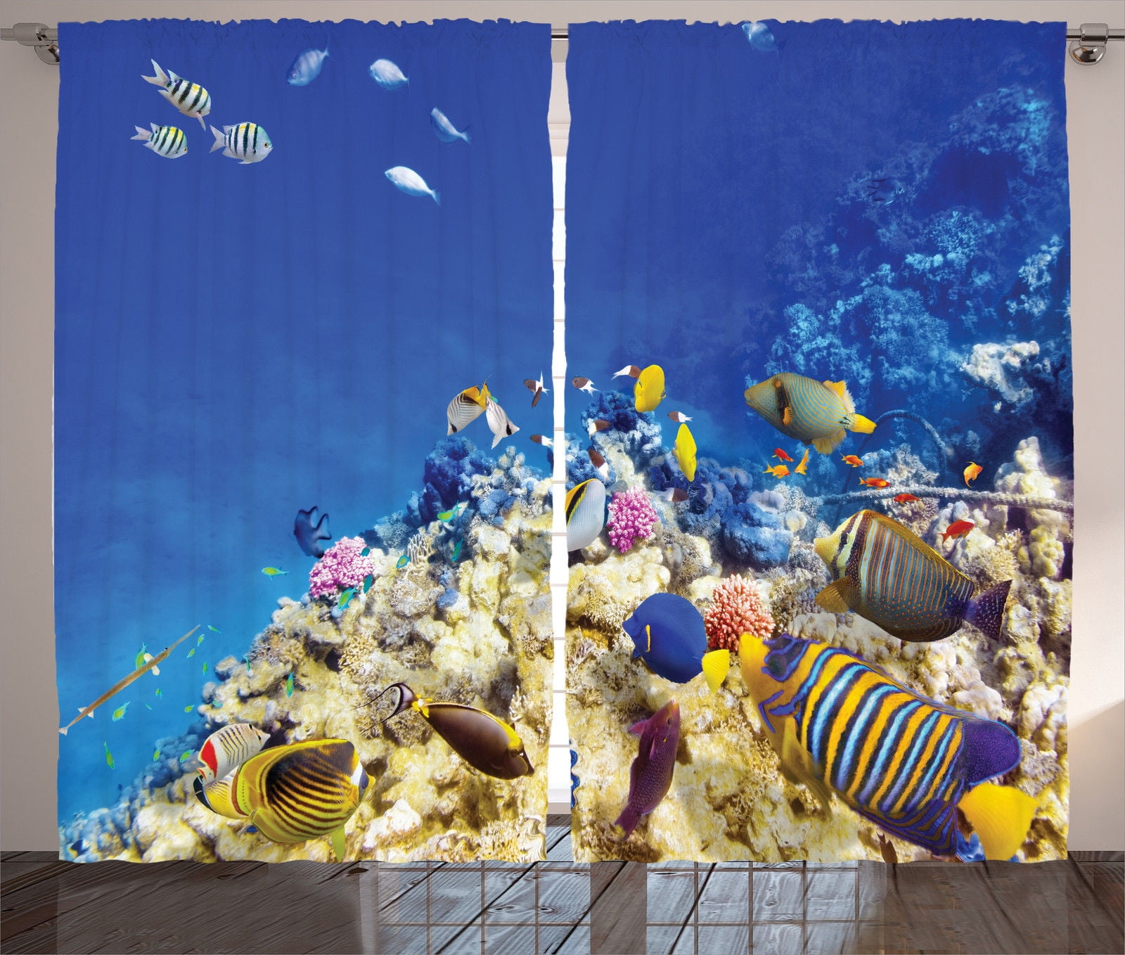Ocean Decor Curtains 2 Panels Set Underwater Life Wilderness Caribbean Ocean Vacation In Tropics Seascape Theme Image Living Room Bedroom