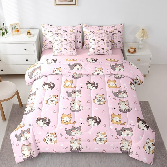 Erosebridal Kawaii Kitten Bedding Sets King Size, Pet Cat Comforter Sets with Sheets, Cute Animal Reversible Bedding King Size, Super Cozy Room Decorative, 7 Pieces