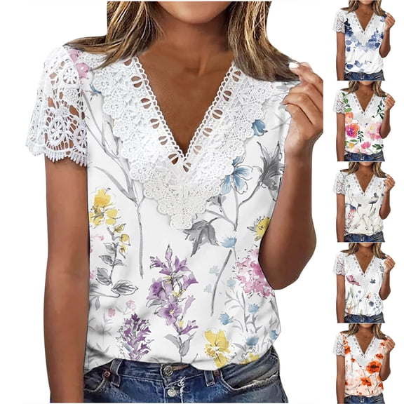 Fesfesfes Womens V Neck T Shirts Women Fashion Summer Sexy Fold Printed Regular Women Short Sleeves V Neck Button Top T Shirts for Women Loose Fit L(US:8)