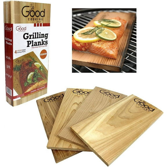 Good Cooking Grilling Planks - 4 Pack Cedar with Recipe Book - Premium Thicker Wood for Outdoor or Barbecue Salmon, Seafood, Steak, Burgers, Pork Chops, Vegetables - Reusable & Durable - 12" x 6"