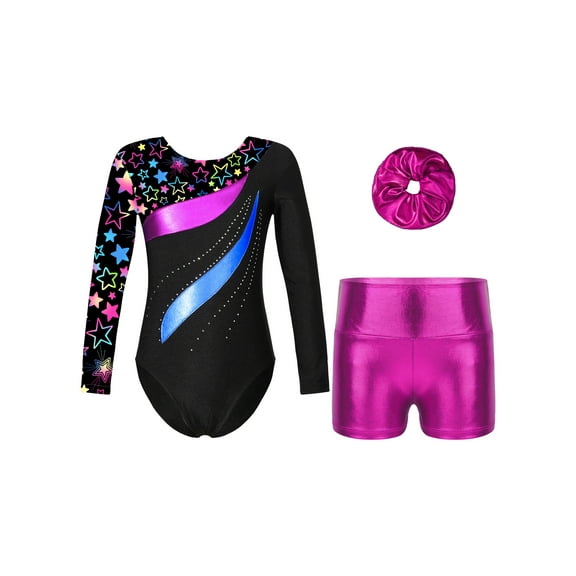 Aislor Kids Girls Printed Long Sleeve Gymnastic Leotard with Shorts Sets Hair Scrunchie Ballet Unitard Dancewear Size 4-14 Starry 12