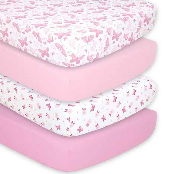 The Peanutshell Fitted Crib Sheets for Baby Girls, 4 Pack Set, Pink Butterfly