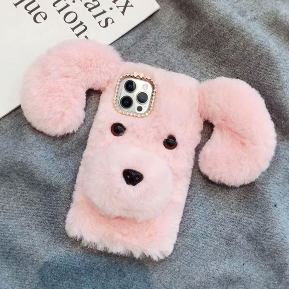Compatible with iPhone 15 Pro Max Case Cute Cartoon Dog Plush Fluffy Case Girls 3D Kawaii Design Soft TPU Shockproof Cover Fuzzy Furry Winter Rabbit Hair Warm Case for Women Girls Girly Pink