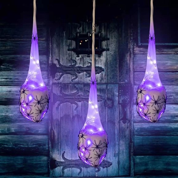 Qxpztk Hanging Halloween Decorations Outdoor Giant Spider Egg, Light Up Spider Webs with Purple LED Lights, Waterproof for Halloween Props Party Gifts, 39inch, 3PC - Purple