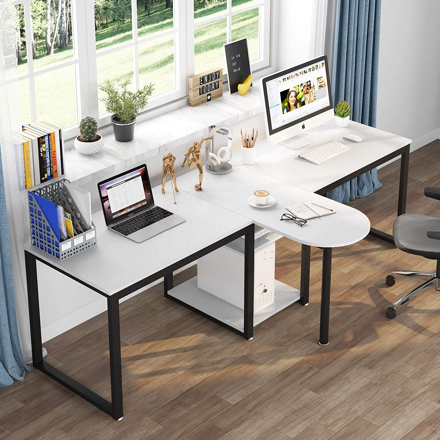 Tribesigns Two Person Desk 94 5 Double Workstation Long Computer Desk With Storage Shelves Dual Desk 2 People Office Desk For Home Office Walmart Com Walmart Com