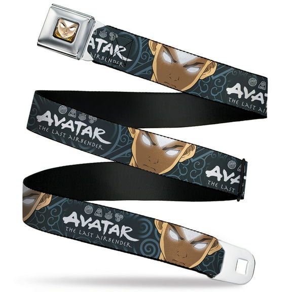 Nickelodeon Belt, Seatbelt Buckle Belt, Avatar Last Airbender Aang Face Close Up and Title Blue White, 30 to 44 Inches