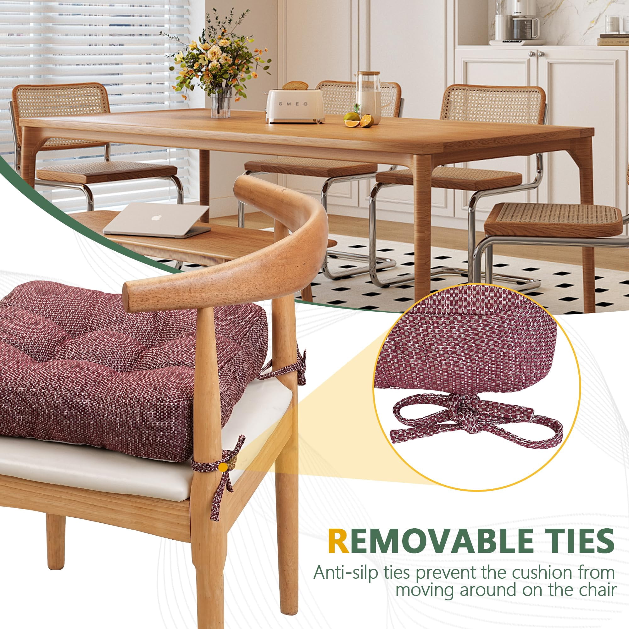 Chair Cushions for Dining Chairs Set of 2, 16.5" x 16.5" Tufted Memory Foam Seat Cushions, 3.5" Thick Olefin Fabric Kitchen Chair Pads with Ties & Non-Slip Backing, Wine Red