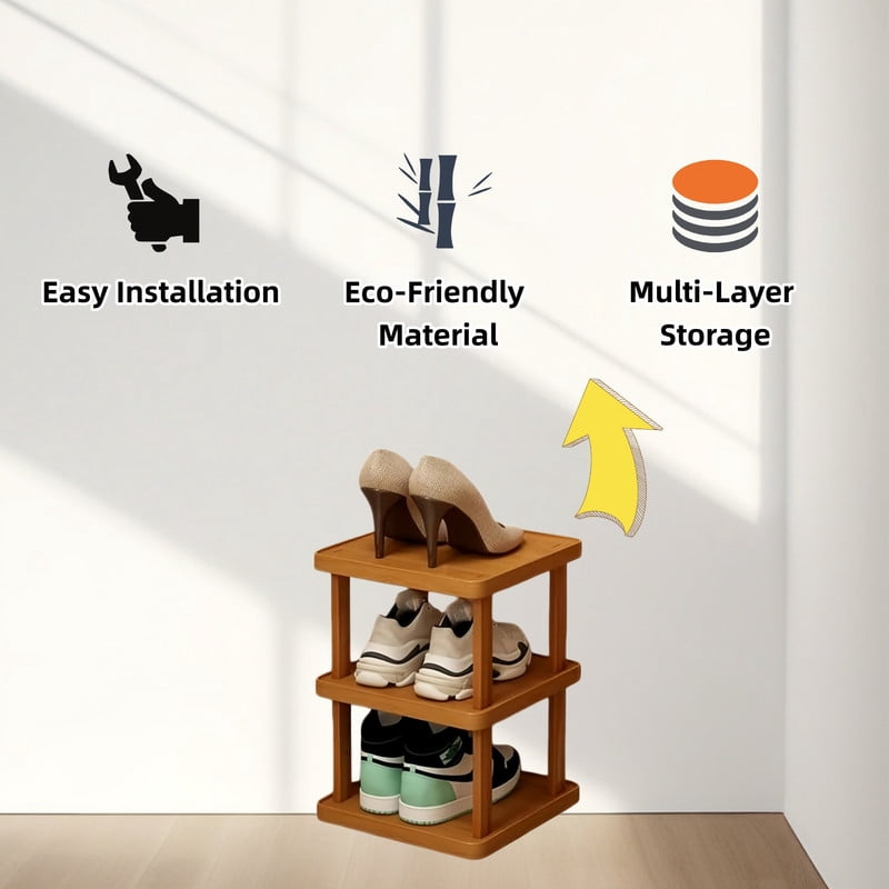 Howcool 3-Tier Stacked Shoe Rack Unit, Bamboo Square Shoes Organizer, Freestanding Storage Shelf