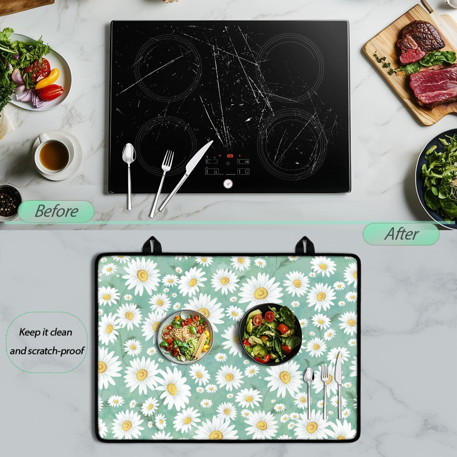 Renewold Stove Top Cover for Glass Stove Top, Ceramic Glass Stove Cover Mat Oil Resistant Prevent Scratching Oven Mat Protector Expands Usable Space, Daisy Green
