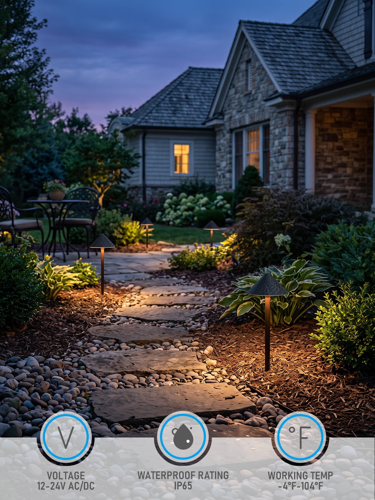 4 Pack 12-24V AC/DC 3W 5CCT LED Landscape Lights, Waterproof Pathway Lights, Rustic Style, Aluminum Housing, CRI90+, ETL Listed, 1800K/2700K/3000K/4000K/5000K Selectable