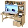 thumbnail image 2 of Dextrus 55" Computer Desk with LED Light & Hutch, Home Office Desk Executive Desk with Drawers, Oak, 2 of 10