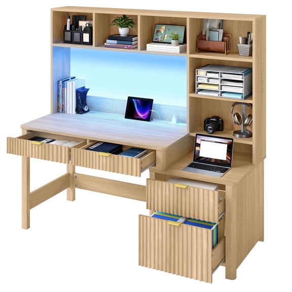 Craftian 55" Computer Desk with LED Light & Hutch, Home Office Desk Executive Desk with Drawers, Oak