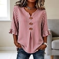 thumbnail image 5 of Hfnxid Women 3/4 Sleeve Shirts Loose Fit Ruffle Shirt Striped Button V Neck Blouses Solid Color Fall Clothes Red XXL, 5 of 6