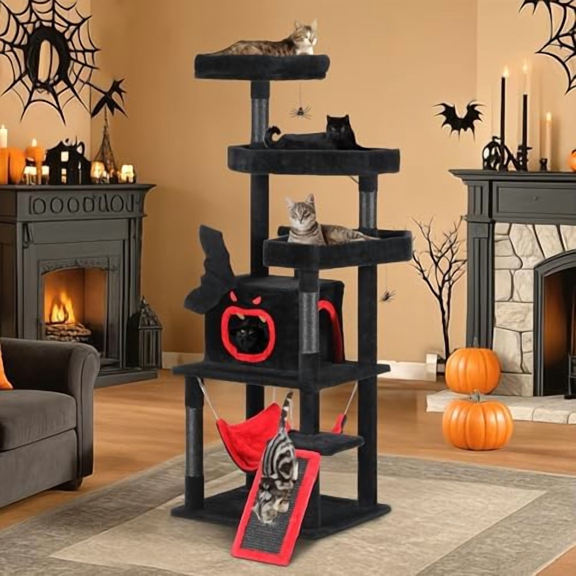 Gothic Cat Tree with Coffin Bed, 63" Tall Cat Tower for Indoor Cats with Top Perch, Spacious Cat Condos, Spider Hanging Balls,Comfy Hammock, Scratching Post and Ladder, Black Halloween