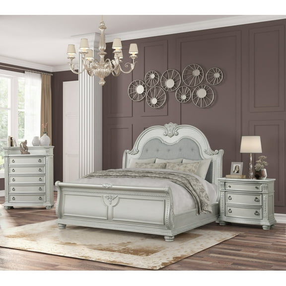 Traditional 3pc Queen Tufted Bed Chest Nightstand Set Light Gray Formal