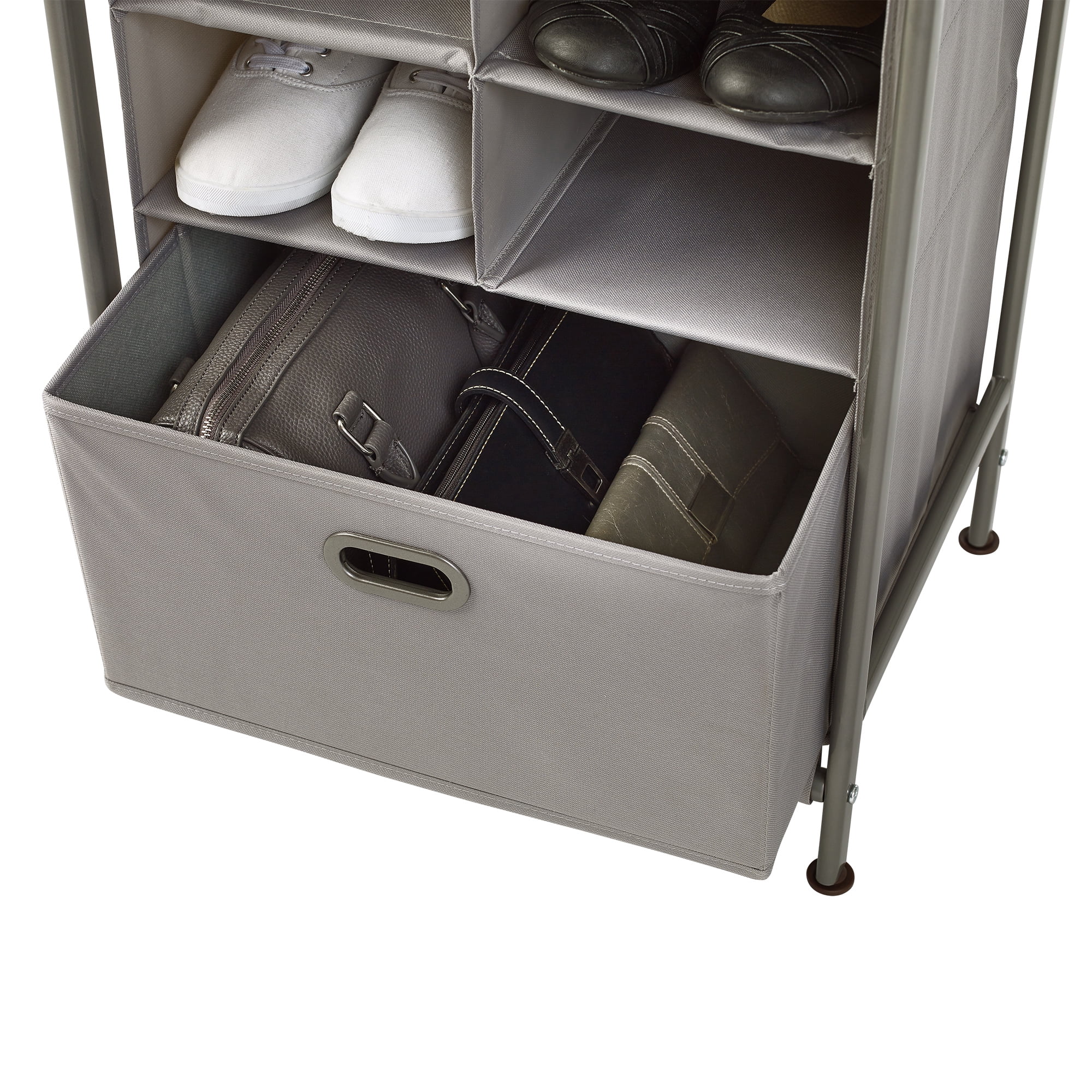 Neatfreak Vertical 12 Cubby Silver Shoe Rack and Organizer with 1 Drawer, Freestanding, Metal and Fabric