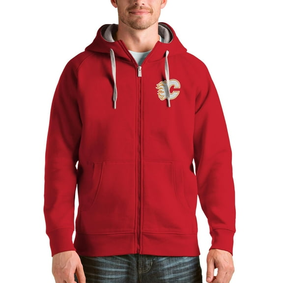Men's Antigua Red Calgary Flames Logo Victory Full-Zip Hoodie