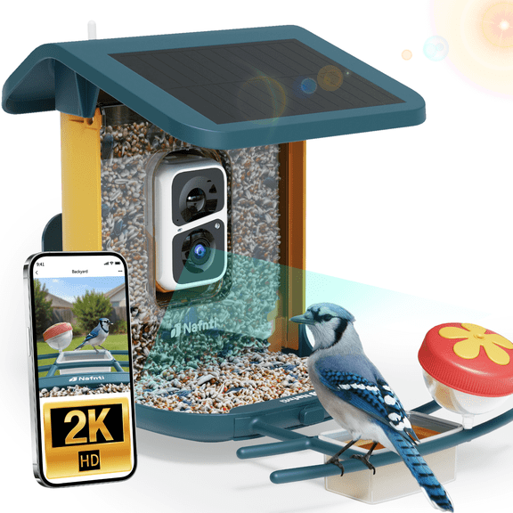 Nafnti Smart Bird Feeder, 5GHz/2.4GHz, 2K HD Bird Feeder Camera with Solar Roof, AI Bird Species Identify, IP65 Waterproof Rating, for Bird Watcher Gift, Blue
