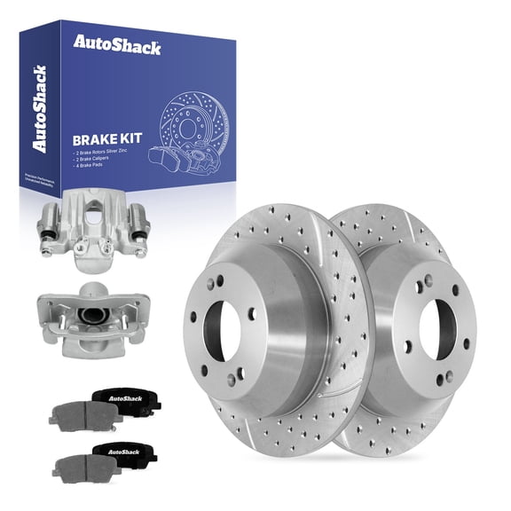 AutoShack Rear Solid Drilled & Slotted Silver Zinc Coated Brake Rotors   Ceramic Pads   Calipers 8-PC Brake Kit Replacement for 2014-2020 Kia Sorento SilverShield Pro 11.89" (302 mm)