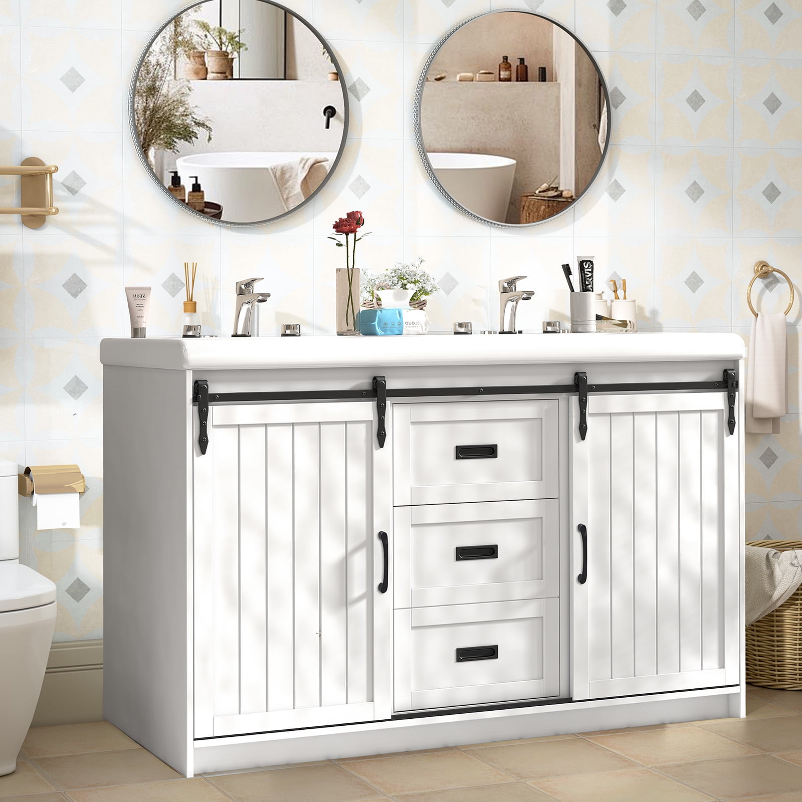 Jarbalai 47" Double Sink Farmhouse Bathroom Vanity with Sliding Barn Doors, White