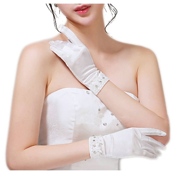 Premium Lace & Rhinestone Trim Satin Wedding Party Bridal Gloves