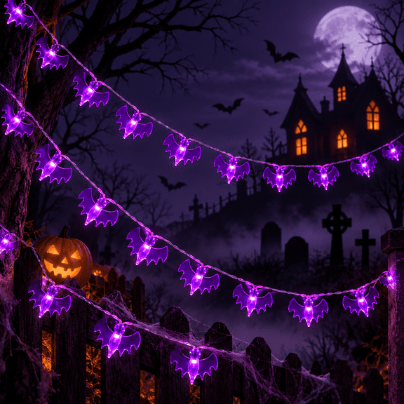 Halloween String Lights 60 LED Bat String Lights Halloween Lighting for Halloween House Garden Party Decorations 29.5Ft 2Pcs