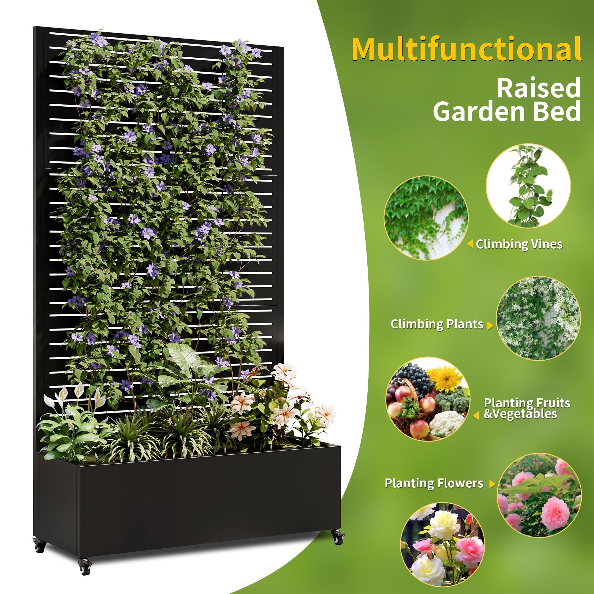73"×35"×16" Galvanized Metal Raised Garden Bed with Trellis & Lockable Wheels, 12" Deep Planter Box with Drainage Holes & Privacy Screen for Climbing Plants Vegetables Vines Outdoor Patio Yard