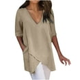thumbnail image 2 of IHengLiXing Womens Shirts Short Sleeve Athletic Summer Tops for Women Low Cut Ladies Tops Plus Size Khaki Women's Summer Fashion Cropped Sleeves V-Neck Cotton Line Loose Shirt Blouse XXXXXL, 2 of 7
